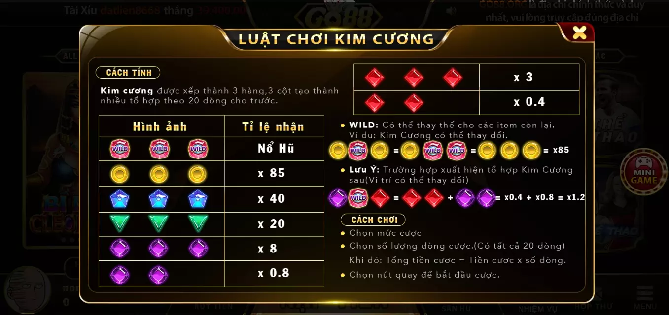 luật cược game Kim cương Go88 online