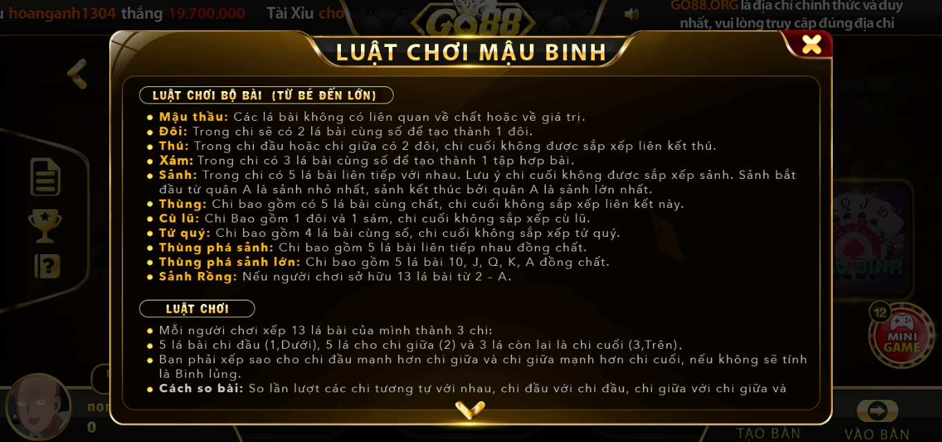 Luật chơi cần biết về game bài Mậu binh Go 88 