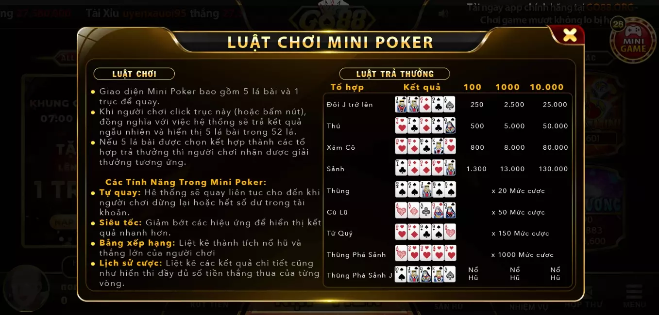 Chọn mức cược mini poker Go88 hợp lý