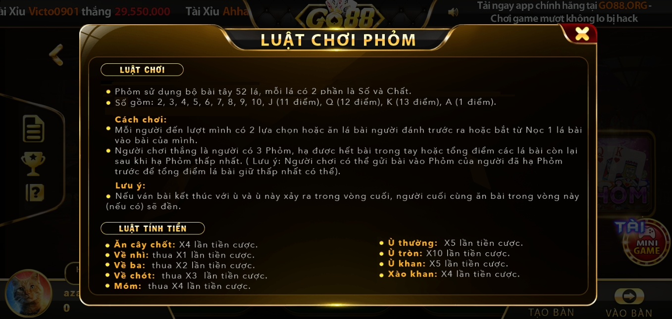 Thông tin quan trọng về luật chơi Phỏm Go88 android