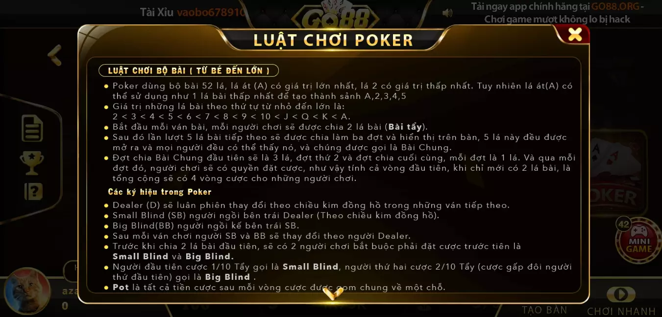 Thứ tự nhóm bài ăn tiền Poker Go 88