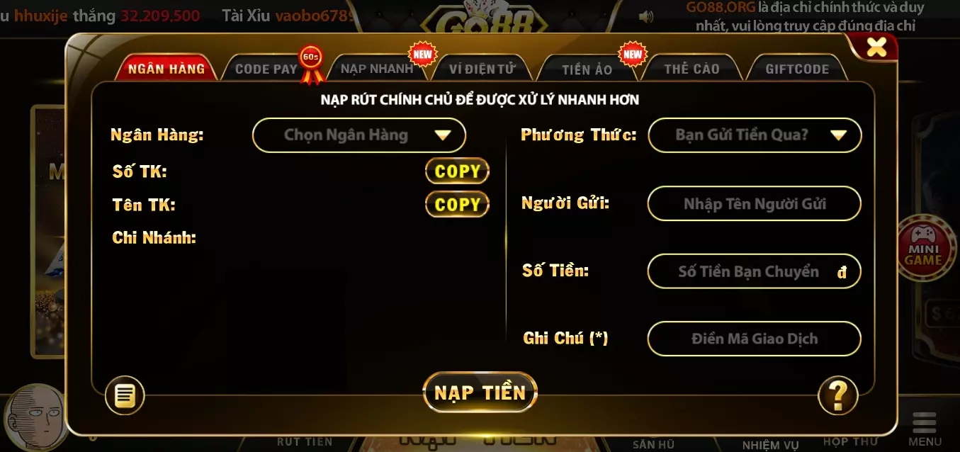 Hướng dẫn nạp tiền ở link tải Go88 