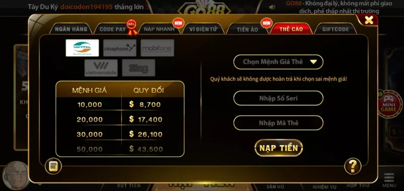 hình thức nạp bằng thẻ cào ở link tải Go88