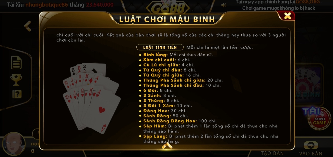 Cần chú ý khi xếp tổ hợp bài Mậu binh Go 88