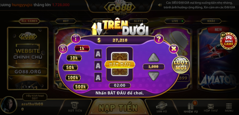 Luật chơi game Trên dưới tại Go88 android