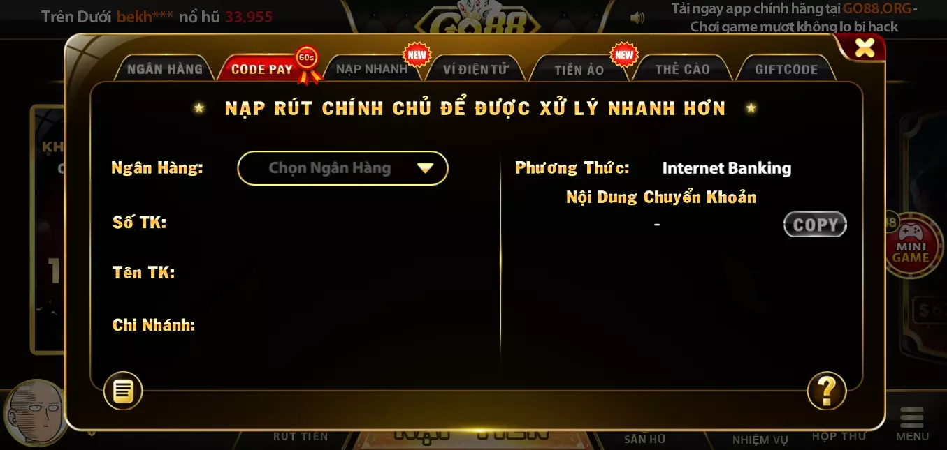 Quy trình vào Go88 chơi game Trên dưới