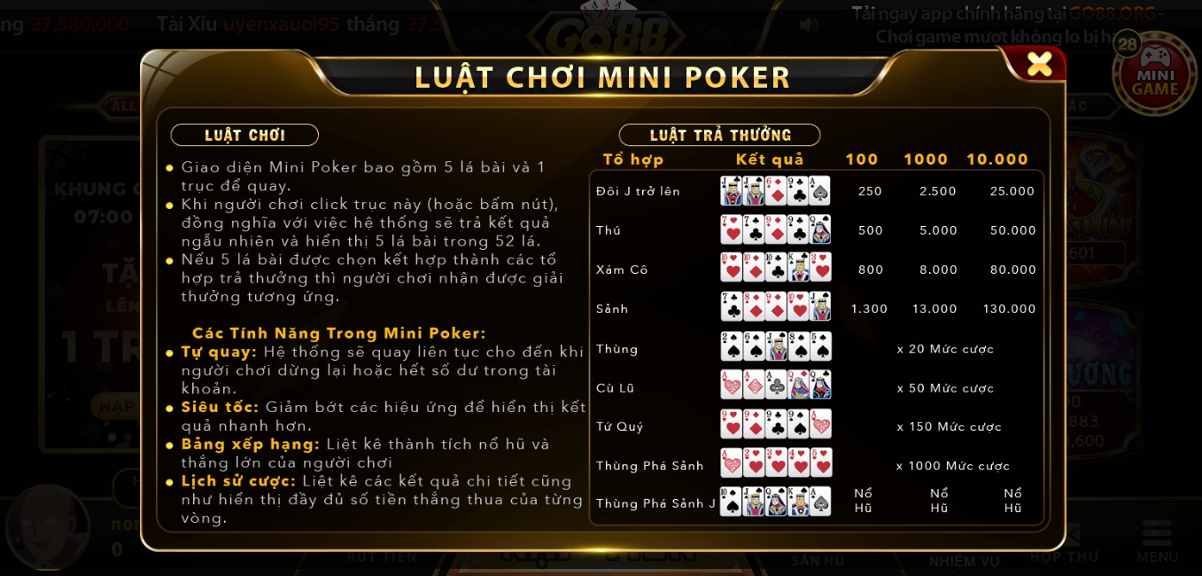 Luật chơi game Mini Poker