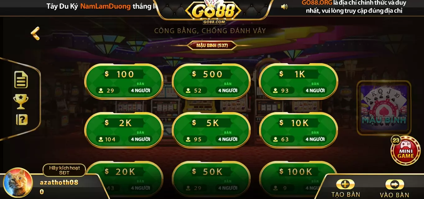 Cách đánh Mậu binh và trả thưởng tại cổng game Go88 android 