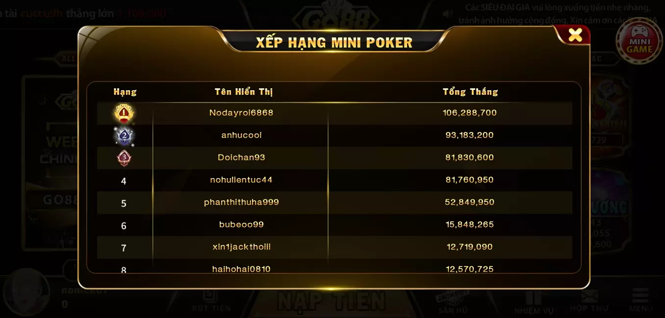 Các mức thưởng cho game mini poker